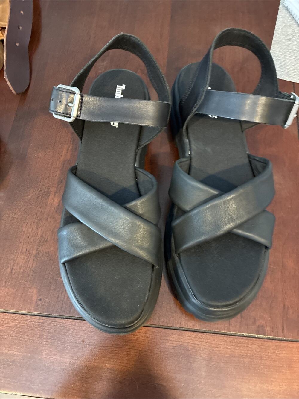 Timberland London Vibe Cross Strap Black Leather Sandals Adj Ankle Strap Sz 11
